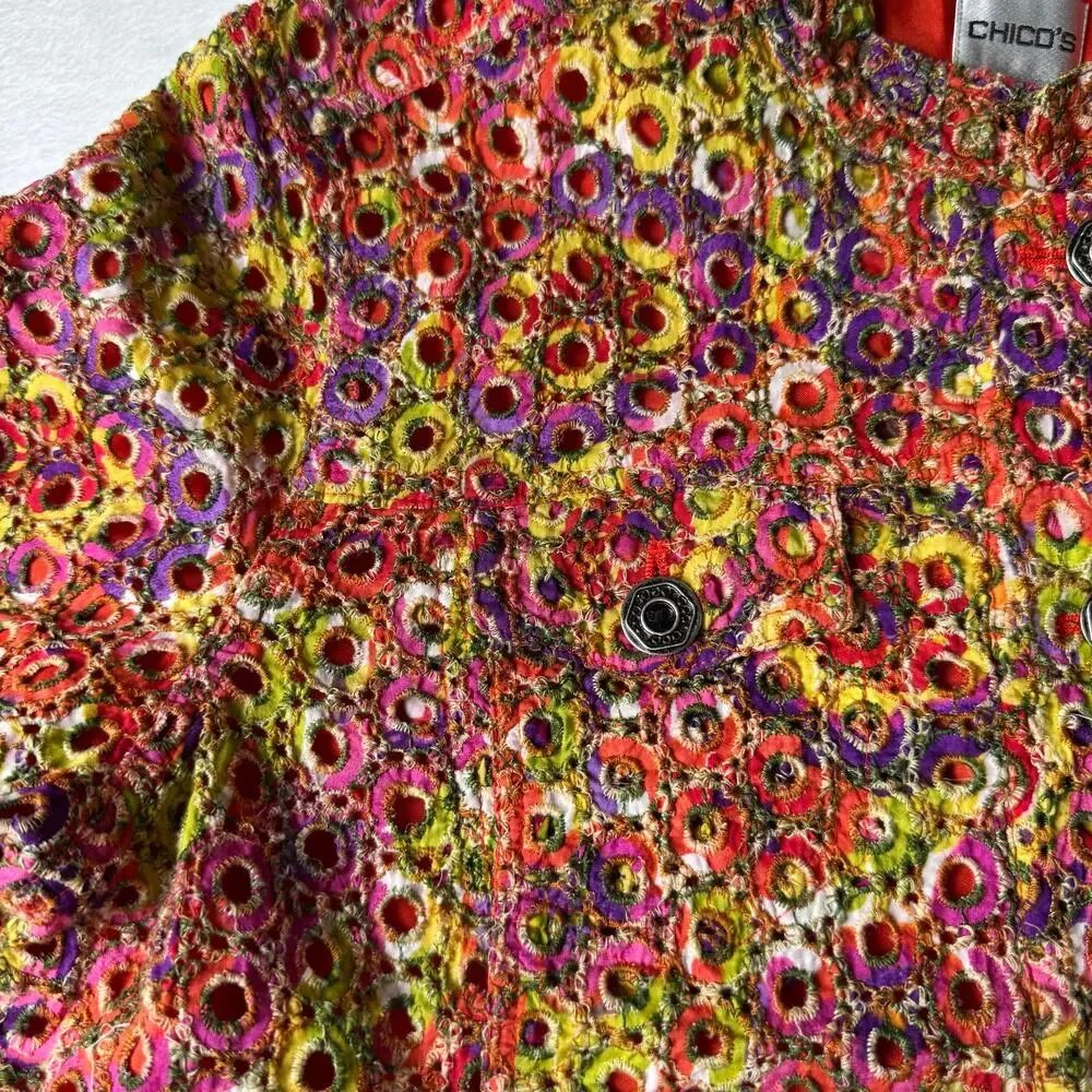 Chico’s Embroidered Jacket Size 3 Colorful Floral Textured Button Front Boho - Picture 2 of 11